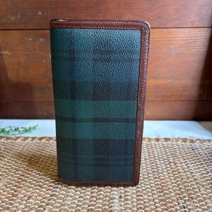 Vintage POLO Ralph Lauren Green Blue Plaid Bifold Leather Wallet With Brown Trim
